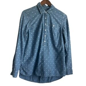 Tommy Hilfiger Women Chambray Popover Shirt S Blue Polka Dot Coastal Preppy